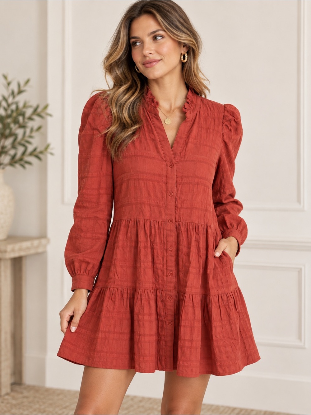 Jade Melody Tam Rust Puff Sleeve Button Front Tiered Dress Preppy Festive Office